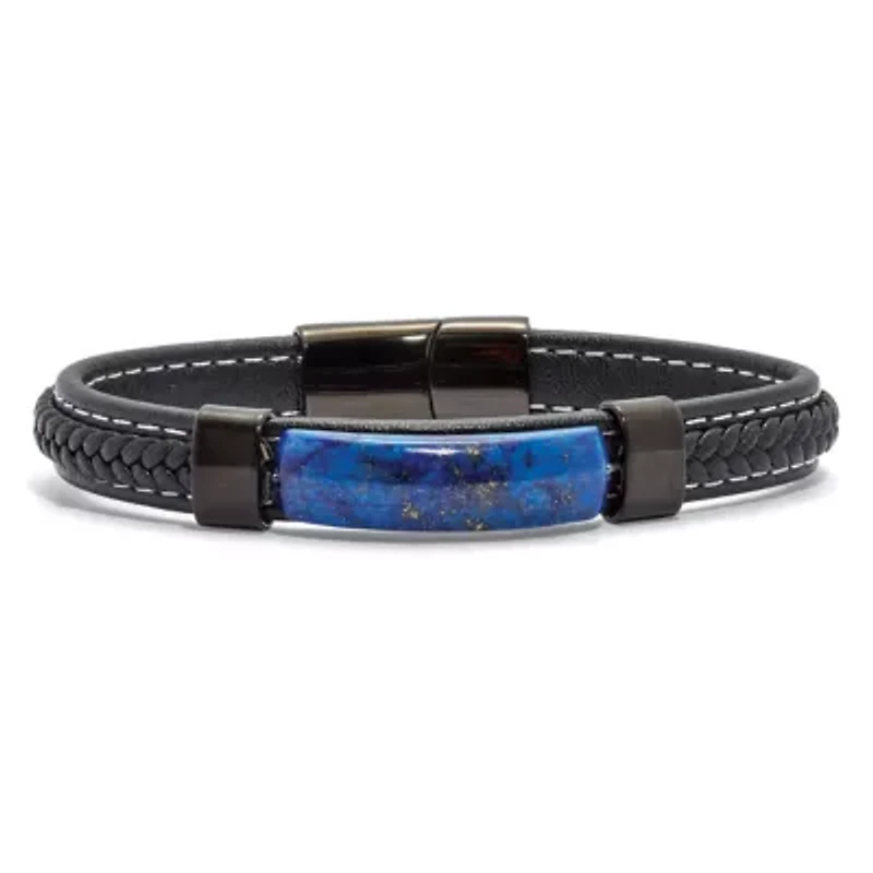 Men's Genuine Blue Lapis Black Ruthenium-Plated Braided Leather Bracelet 9-inch