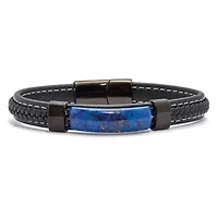 Men's Genuine Blue Lapis Black Ruthenium-Plated Braided Leather Bracelet 9-inch
