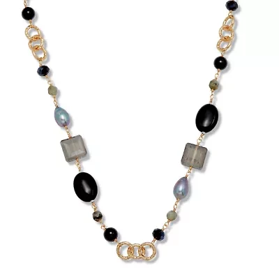 Genuine Black Onyx and Gray Labradorite Goldtone Drop Necklace 34-inch