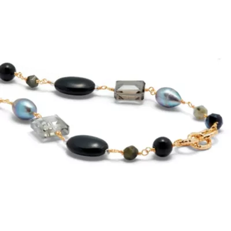 Genuine Black Onyx and Gray Labradorite Goldtone Drop Necklace 34-inch