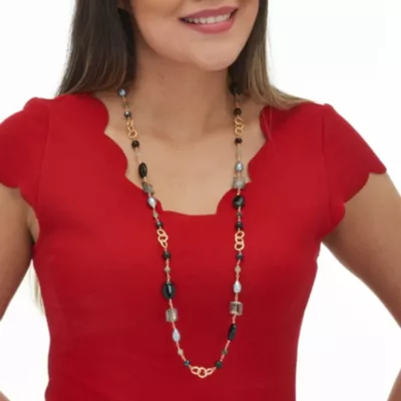 Genuine Black Onyx and Gray Labradorite Goldtone Drop Necklace 34-inch