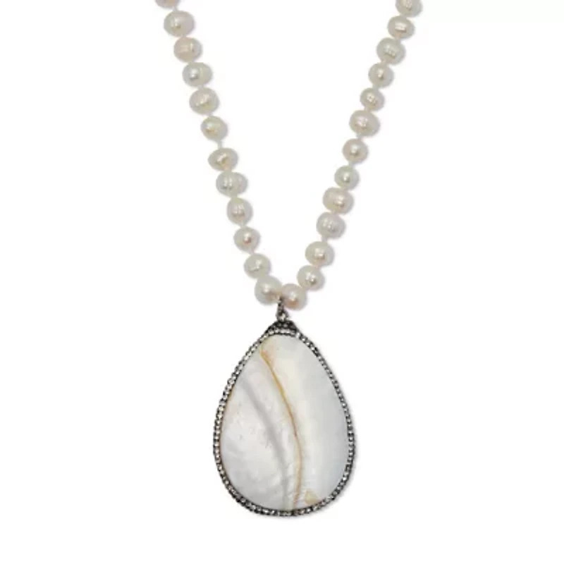 Round Genuine Cultured Freshwater Pearl Silvertone Pendant Necklace 48-inch