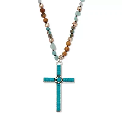 Round Genuine Turquoise Silvertone Beaded Cross Necklace 34-inch