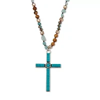 Round Genuine Turquoise Silvertone Beaded Cross Necklace 34-inch