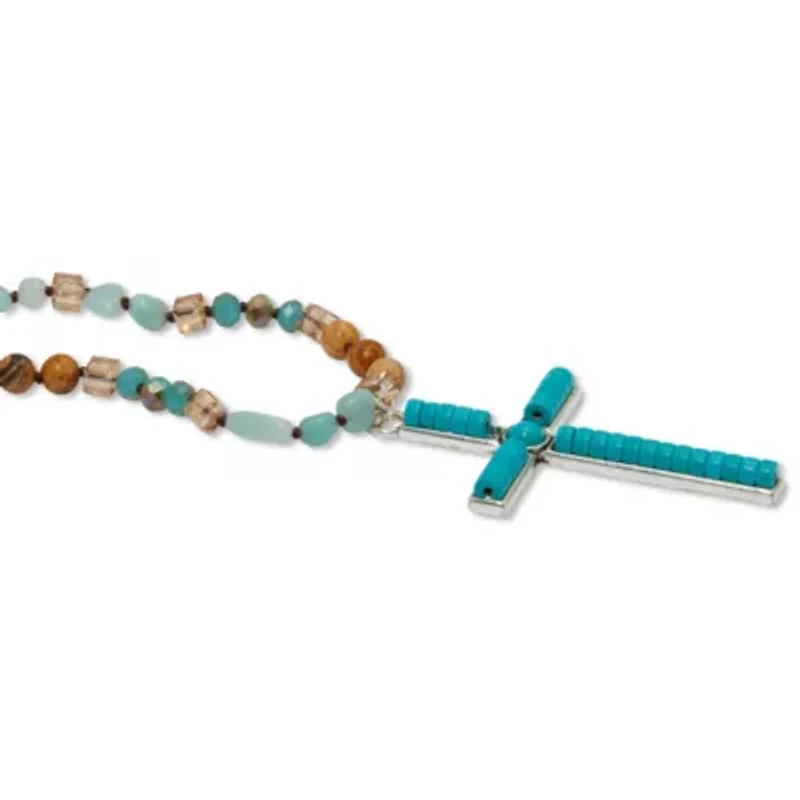 Round Genuine Turquoise Silvertone Beaded Cross Necklace 34-inch