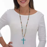 Round Genuine Turquoise Silvertone Beaded Cross Necklace 34-inch