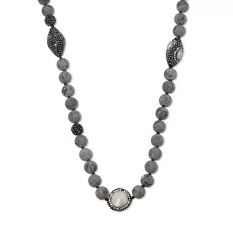 Round Genuine Pearl and Jasper Silvertone Beaded Necklace 34-inch