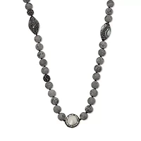 Round Genuine Pearl and Jasper Silvertone Beaded Necklace 34-inch