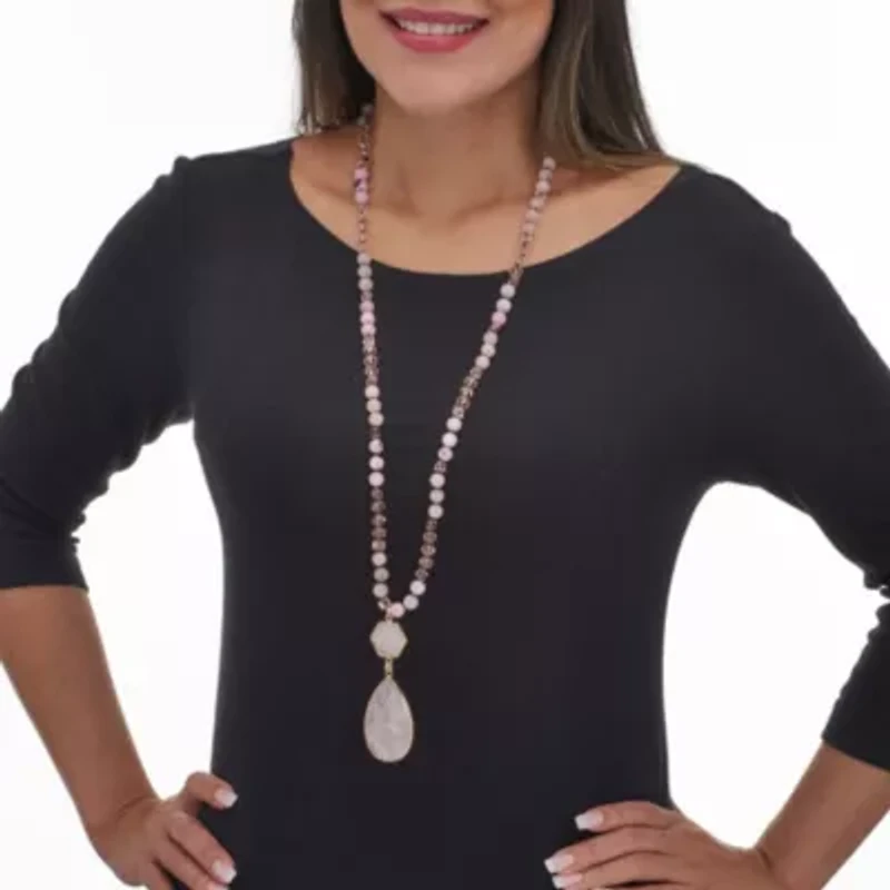 130.05 TCW Genuine Rose Quartz Beaded Goldtone Drop Necklace 34-inch