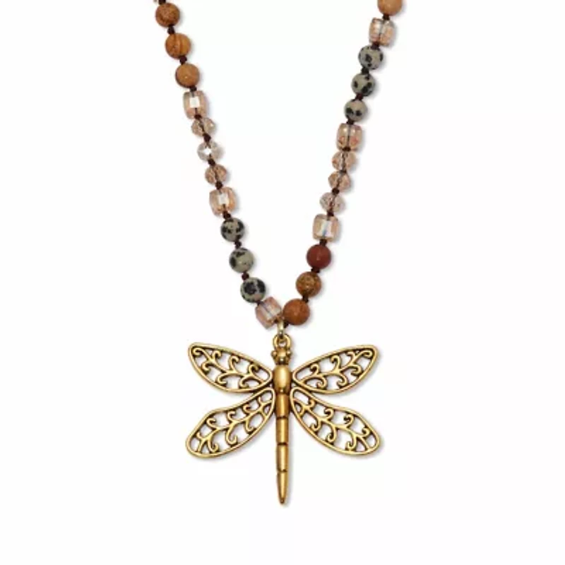 Round Genuine Jasper Goldtone Dragonfly Pendant Necklace 34-inch