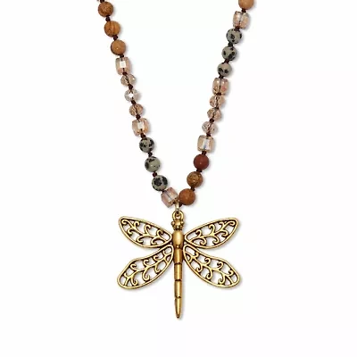 Round Genuine Jasper Goldtone Dragonfly Pendant Necklace 34-inch