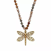 Round Genuine Jasper Goldtone Dragonfly Pendant Necklace 34-inch