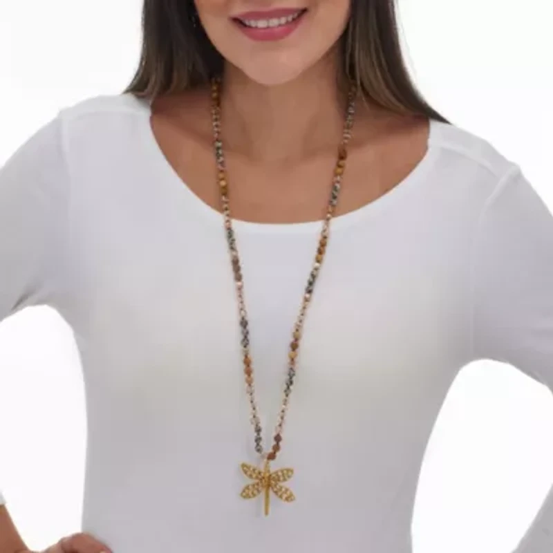 Round Genuine Jasper Goldtone Dragonfly Pendant Necklace 34-inch