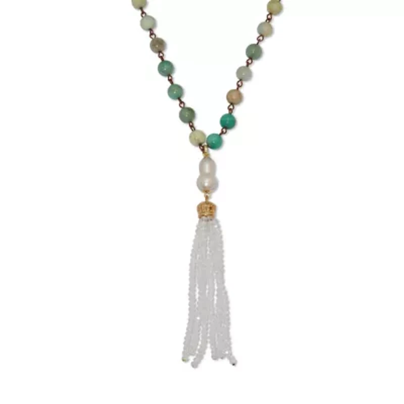 Genuine Green Amazonite Goldtone Beaded Tassel Necklace 34-inch