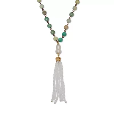 Genuine Green Amazonite Goldtone Beaded Tassel Necklace 34-inch