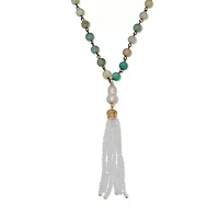 Genuine Green Amazonite Goldtone Beaded Tassel Necklace 34-inch