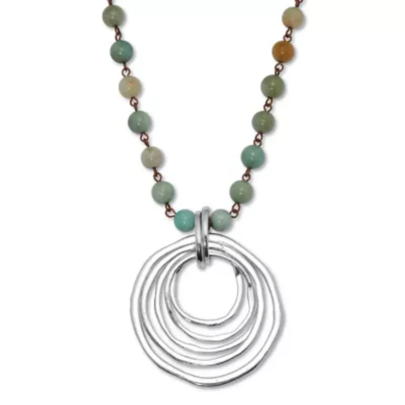 Round Genuine Green Amazonite Silvertone Drop Pendant Necklace 34-inch