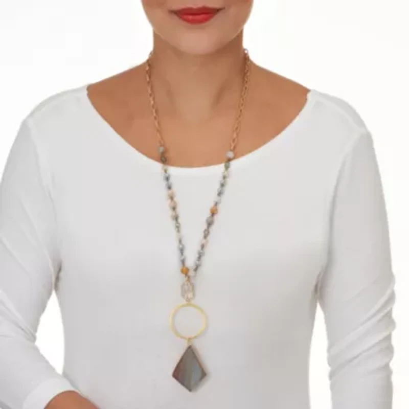 Genuine Brown Agate and Crystal Goldtone Drop Necklace 28-inch