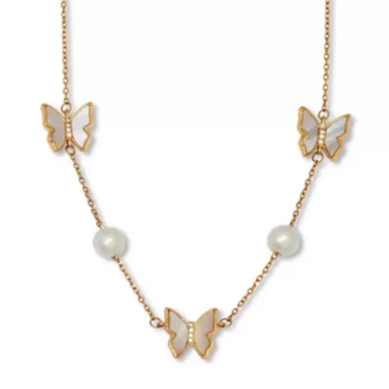 Mother of Pearl Gold Ion-Plated Stainless Steel Butterfly Necklace 18-inch