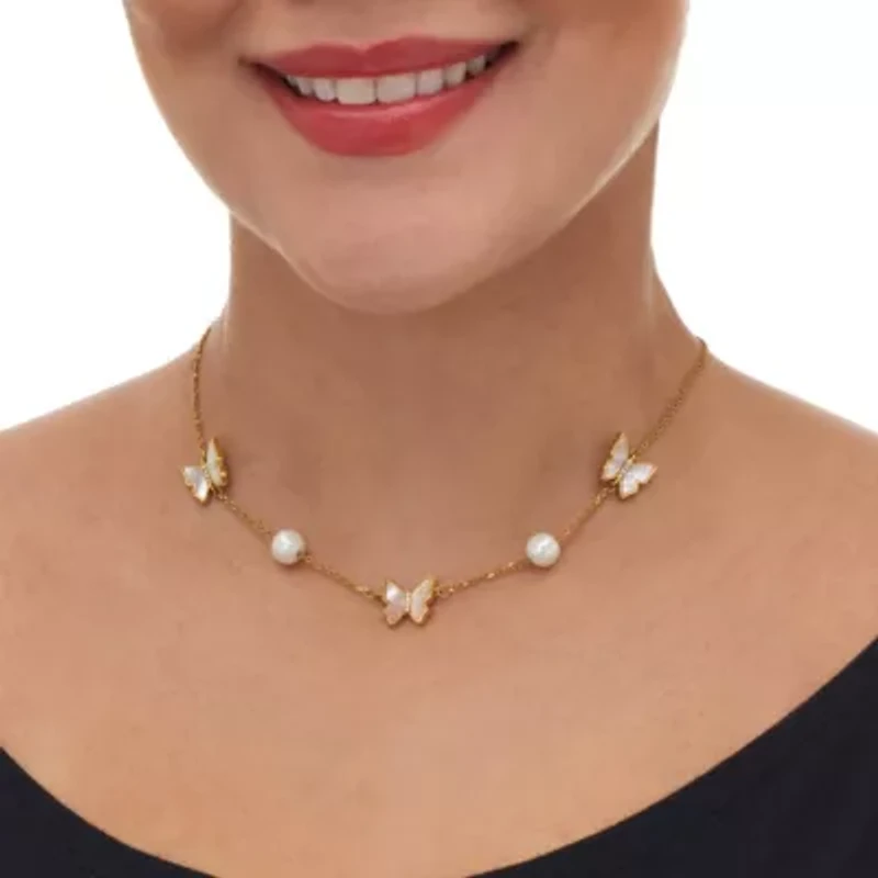 Mother of Pearl Gold Ion-Plated Stainless Steel Butterfly Necklace 18-inch