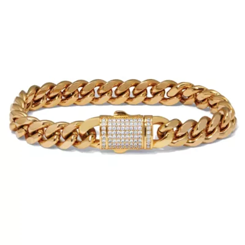 Men's Round Crystal Gold Ion-Plated Stainless Steel Link Bracelet 8.5-inch