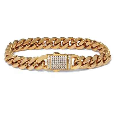 Men's Round Crystal Gold Ion-Plated Stainless Steel Link Bracelet 8.5-inch