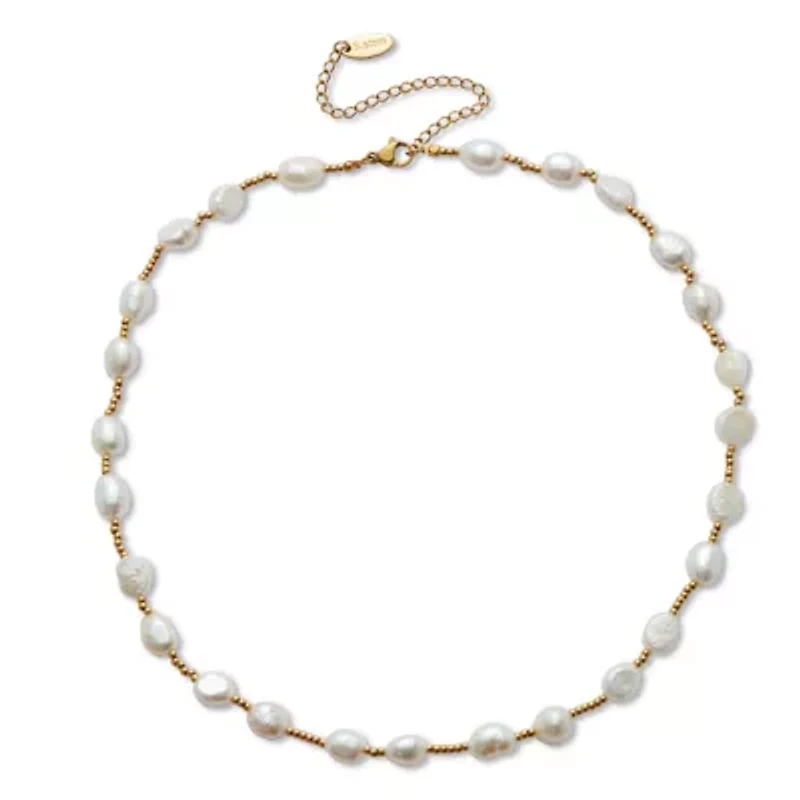 Cultured Freshwater Pearl Gold Ion-Plated Stainless Steel Necklace 18 to 21-inch