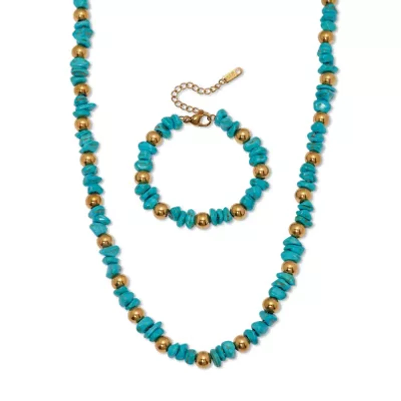 Genuine Turquoise Beaded Gold Ion-Plated Stainless Steel Necklace Set