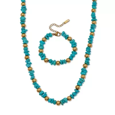Genuine Turquoise Beaded Gold Ion-Plated Stainless Steel Necklace Set