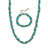 Genuine Turquoise Beaded Gold Ion-Plated Stainless Steel Necklace Set