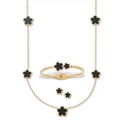 Genuine Black Onyx Yellow Gold Ion-Plated Stainless Steel Clover Jewelry Set