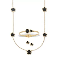 Genuine Black Onyx Yellow Gold Ion-Plated Stainless Steel Clover Jewelry Set