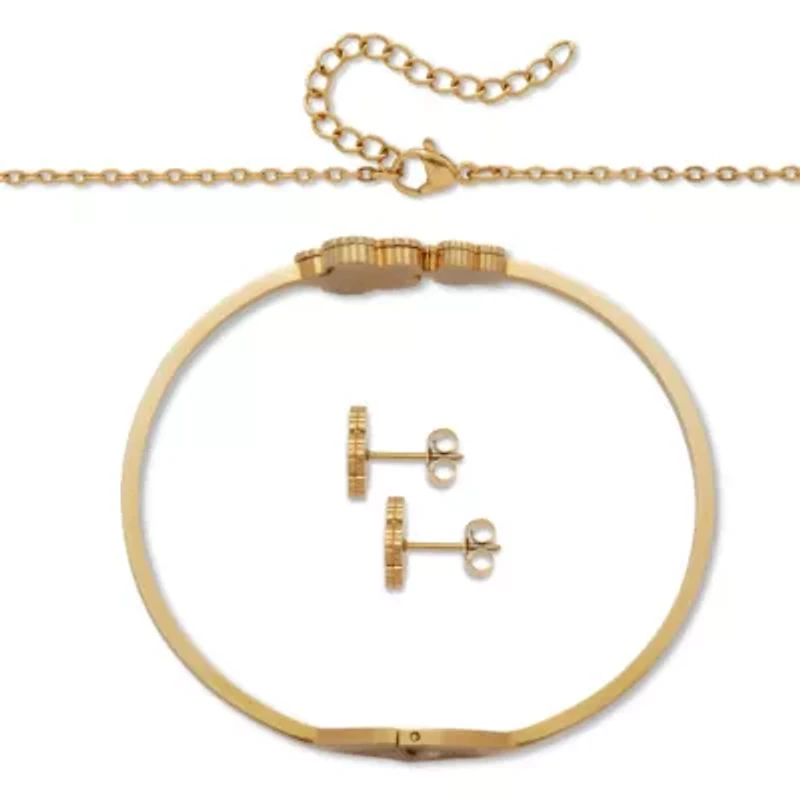 Genuine Black Onyx Yellow Gold Ion-Plated Stainless Steel Clover Jewelry Set