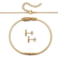 Genuine Black Onyx Yellow Gold Ion-Plated Stainless Steel Clover Jewelry Set