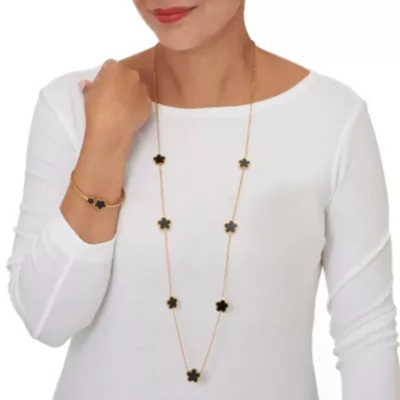 Genuine Black Onyx Yellow Gold Ion-Plated Stainless Steel Clover Jewelry Set