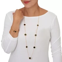 Genuine Black Onyx Yellow Gold Ion-Plated Stainless Steel Clover Jewelry Set