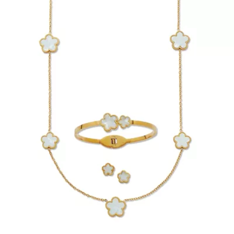 Genuine Mother of Pearl Gold Ion-Plated Stainless Steel Clover Jewelry Set