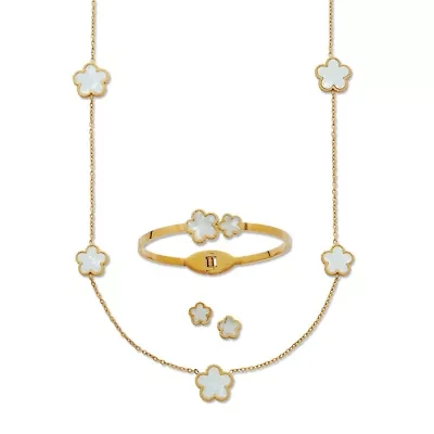 Genuine Mother of Pearl Gold Ion-Plated Stainless Steel Clover Jewelry Set