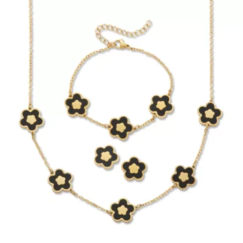 Genuine Black Onyx Yellow Gold Ion-Plated Stainless Steel Flower Jewelry Set
