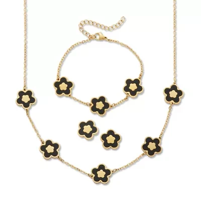 Genuine Black Onyx Yellow Gold Ion-Plated Stainless Steel Flower Jewelry Set
