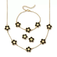 Genuine Black Onyx Yellow Gold Ion-Plated Stainless Steel Flower Jewelry Set
