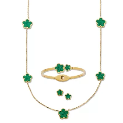 Genuine Green Malachite Gold Ion-Plated Stainless Steel Clover Jewelry Set