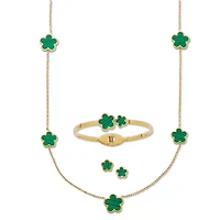 Genuine Green Malachite Gold Ion-Plated Stainless Steel Clover Jewelry Set