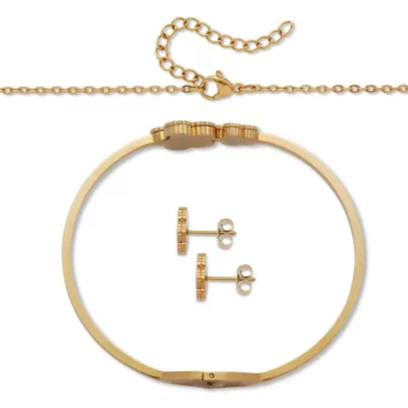 Genuine Green Malachite Gold Ion-Plated Stainless Steel Clover Jewelry Set