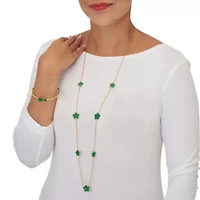 Genuine Green Malachite Gold Ion-Plated Stainless Steel Clover Jewelry Set