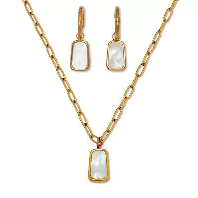 Genuine Mother of Pearl Yellow Gold Ion-Plated Stainless Steel Drop Jewelry Set