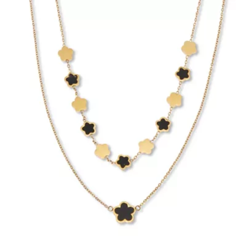 Genuine Black Onyx Gold Ion-Plated Stainless Steel Clover Necklace 17 to 19 inches