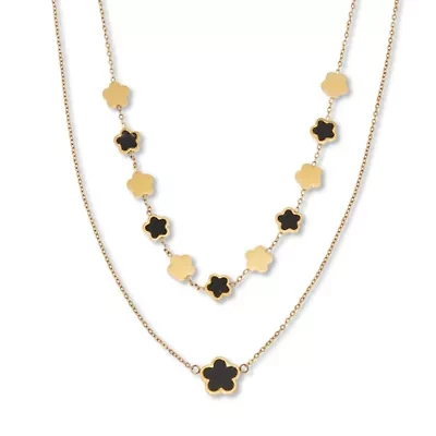 Genuine Black Onyx Gold Ion-Plated Stainless Steel Clover Necklace 17 to 19 inches