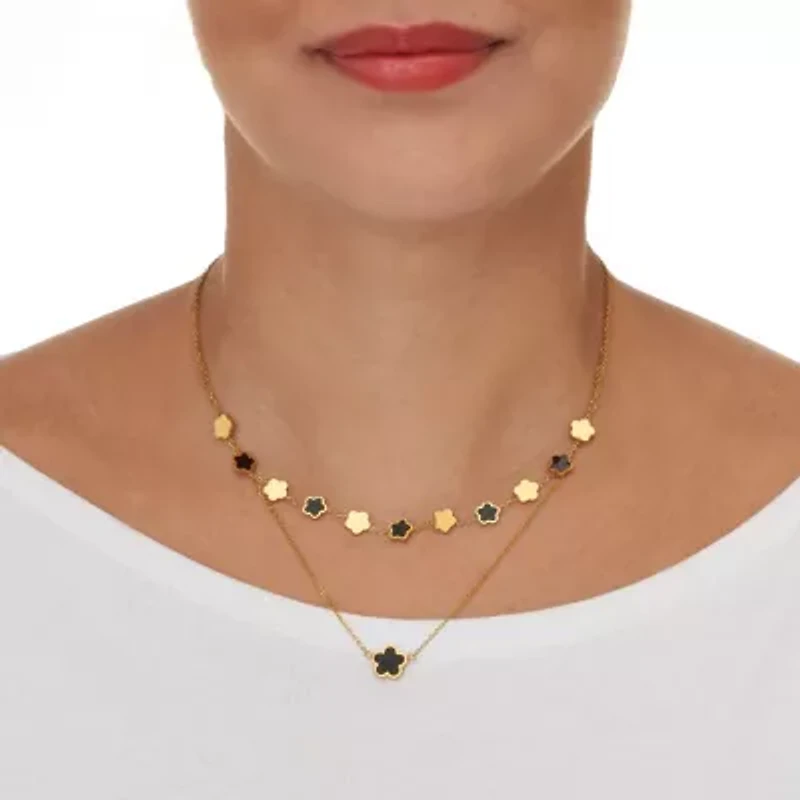 Genuine Black Onyx Gold Ion-Plated Stainless Steel Clover Necklace 17 to 19 inches