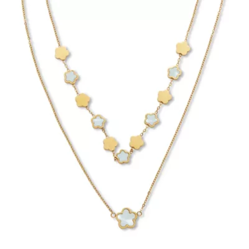 Mother of Pearl Gold Ion-Plated Stainless Steel Clover Necklace 17 to 19 inches